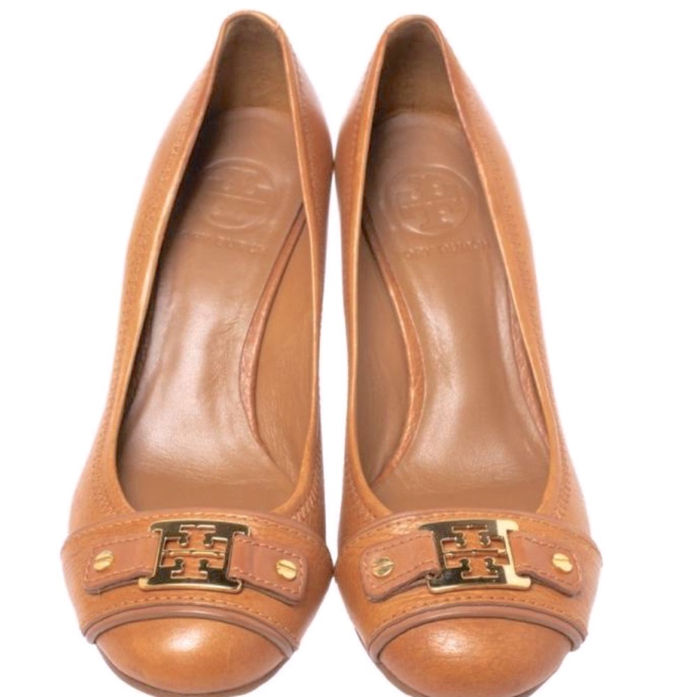 Tory Burch Brown Leather 'Ambrose' Wedge Pumps